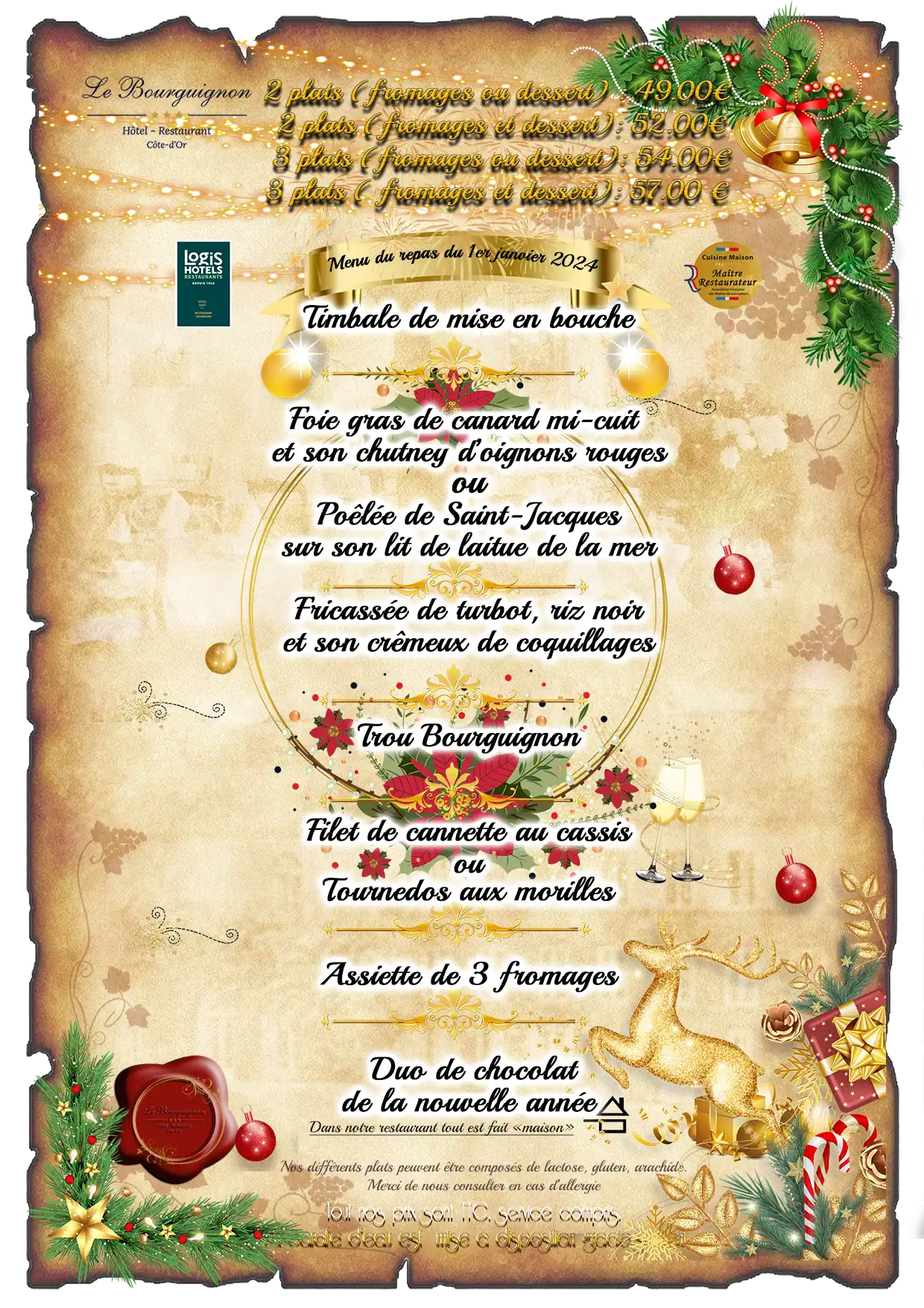 Gastronomisch menu voor 1 januari 2024 van het restaurant Le Bourguignon -21310 Béze -catering service en zaalverhuur