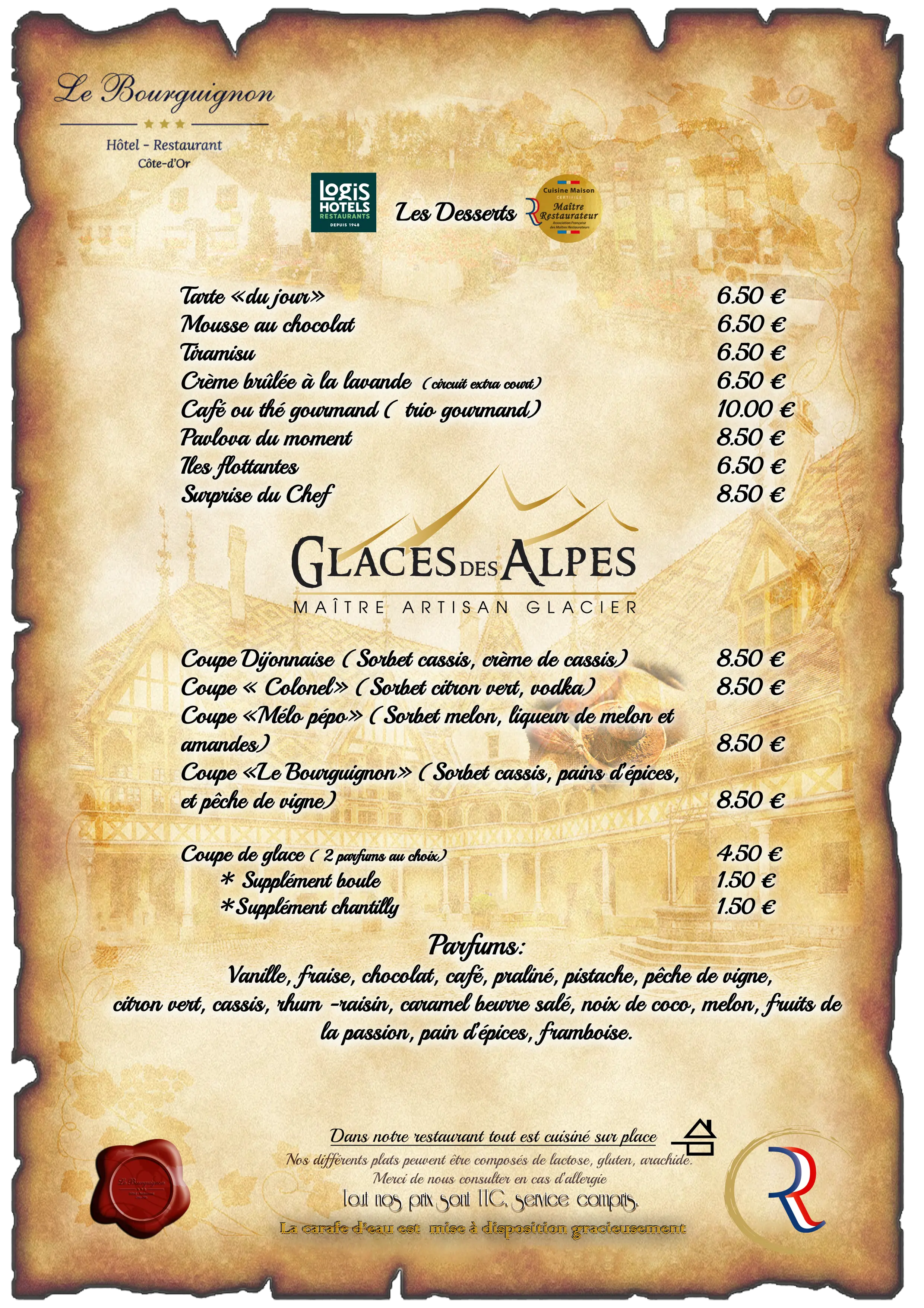 Carte des desserts de l'Hôtel Restaurant Le Bourguignon  vous offrant ses services de traiteur, ou de location de salle