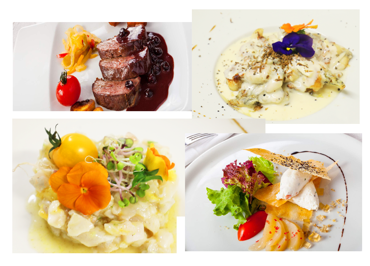 Presentatie van de gerechten geserveerd in het restaurant Le Bourguignon, geïnspireerd op de Bourgogne, de service kan worden genoten ter plaatse of via de catering service van ons etablissement.