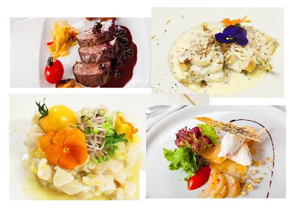 Presentatie van de gerechten geserveerd in het restaurant Le Bourguignon, geïnspireerd op de Bourgogne, de service kan worden genoten ter plaatse of via de catering service van ons etablissement.