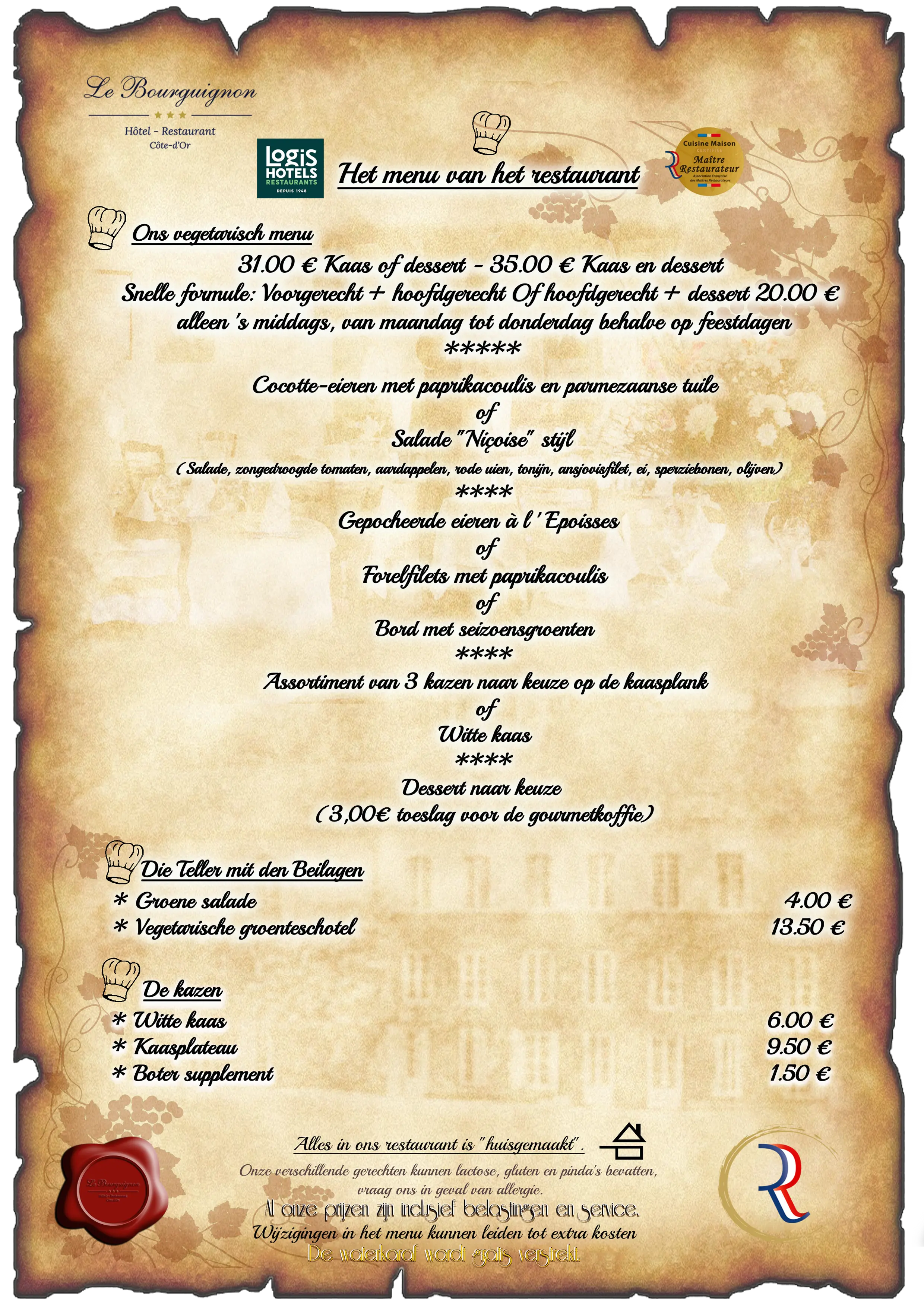 Veganistisch menu van het hotel-restaurant Le Bourguignon -21310 Bèze Cote d'Or Bourgogne